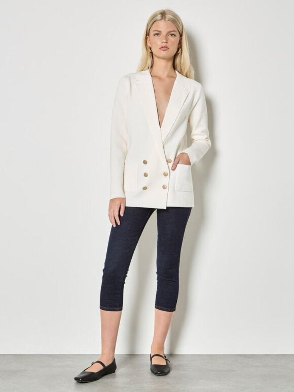 Rib Knit Double Breasted Blazer with Gold Buttons